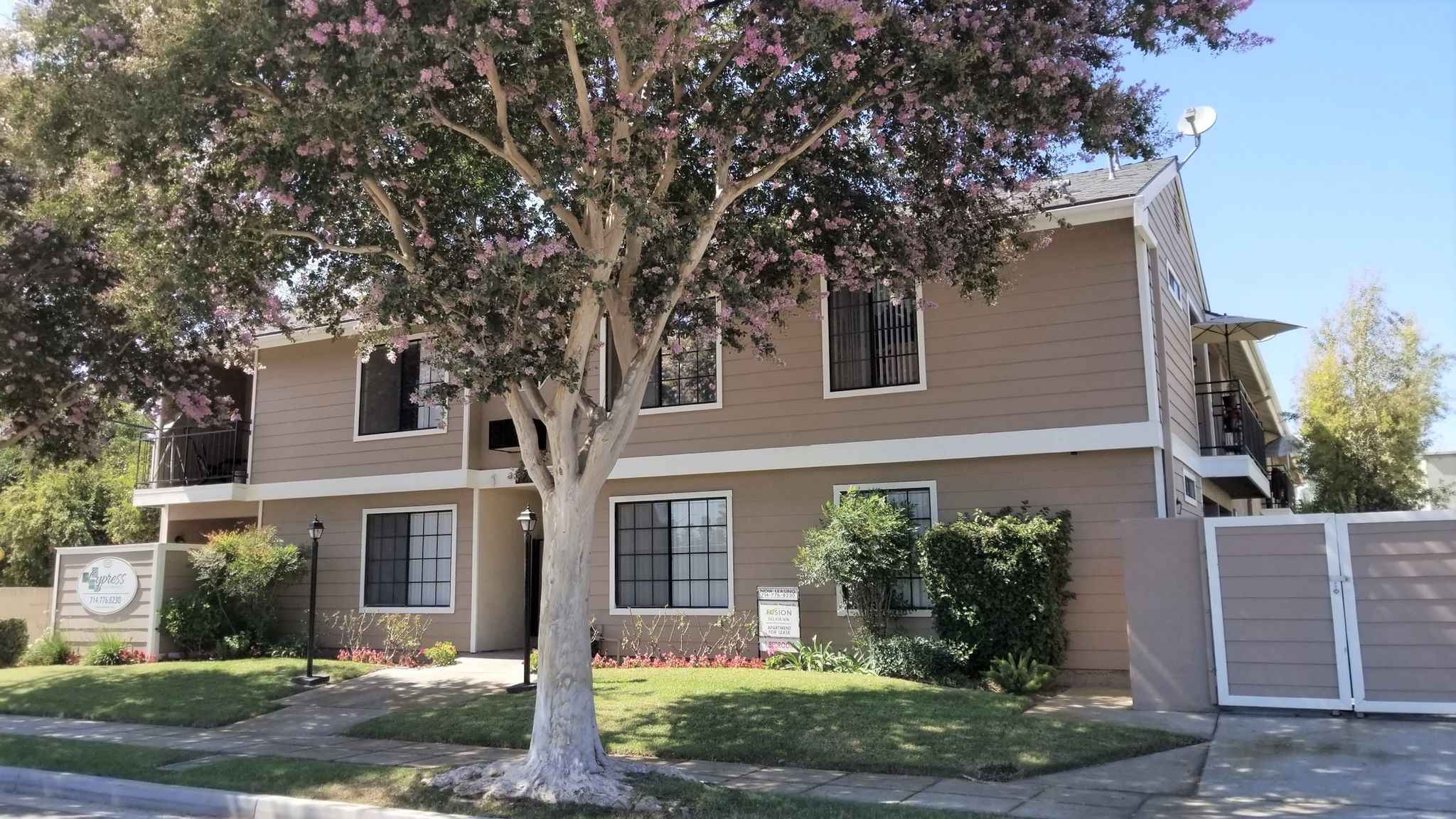 Cypress Senior Apartments quiet community exterior with mature trees