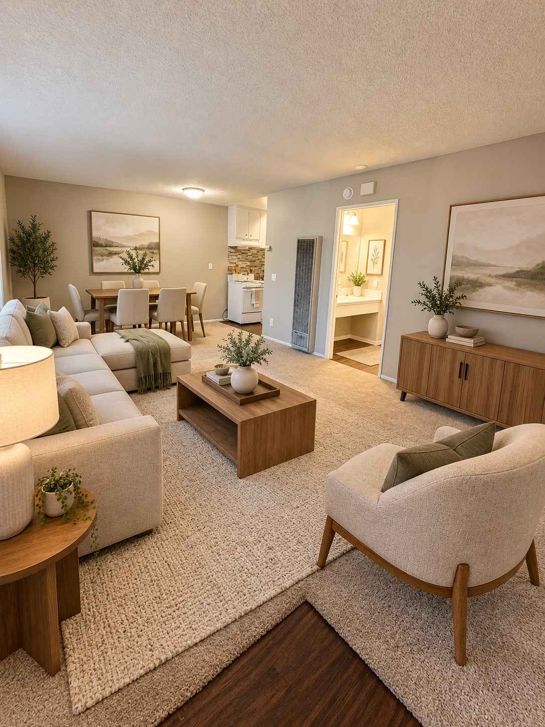 Cypress Senior Apartments digitally altered open floor plan living room with kitchen and bath access
